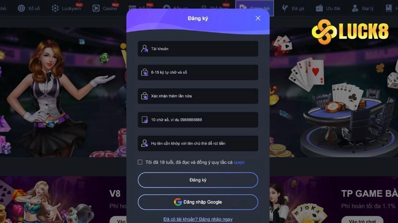 Hướng dẫn các bước đăng ký LUCK8